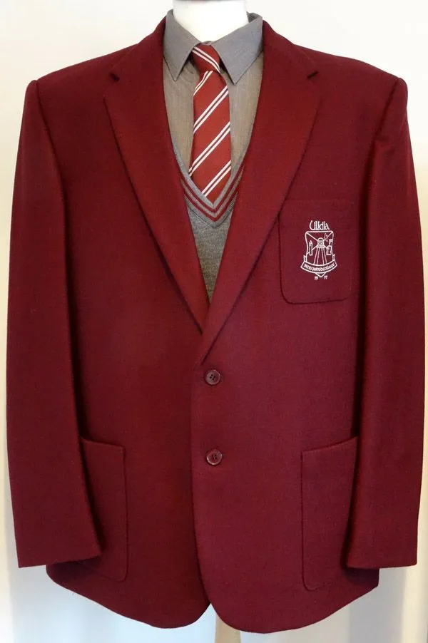Burgundy school uniform blazer with a shirt and striped tie